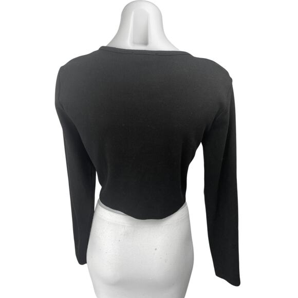 Zara Black Ribbed Knit Long Sleeve Button Up Cardigan Sweater Crop Top Size L - Picture 2 of 4